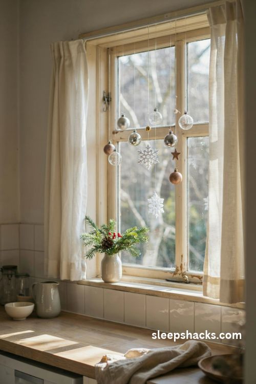 Small kitchen Christmas window decor with hanging glass ornaments and paper snowflakes