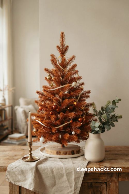 Small orange tabletop christmas tree with miniature gold white and rust ornaments on a wooden console