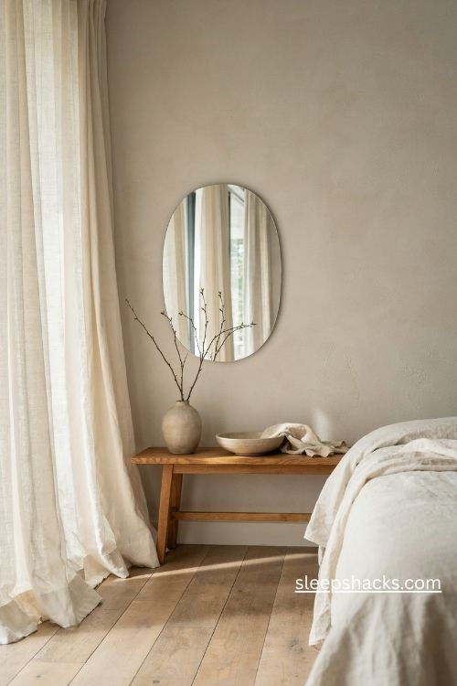 Small oval mirror painted to match the wall above a slim wooden console in a calm neutral bedroom