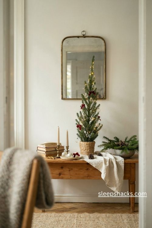 Small pencil christmas tree on an entryway console table with candles books and mini lights