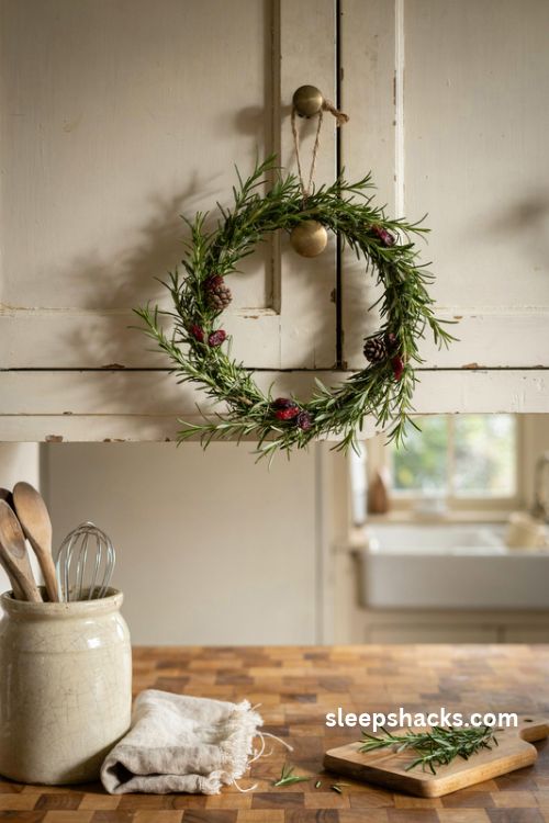 Small rosemary christmas wreath with pinecones and dried cranberries hanging on a cream farmhouse kitchen cabinet
