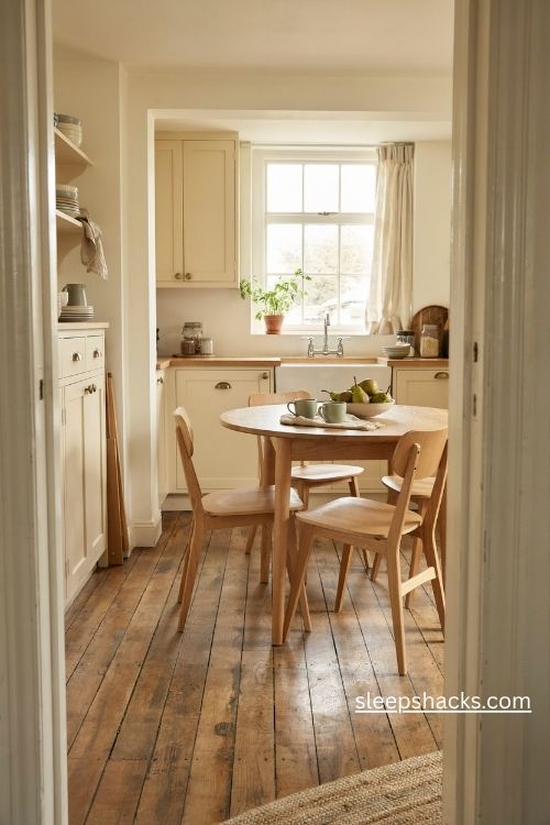 Small round farmhouse kitchen table with pedestal base and space saving dining chairs