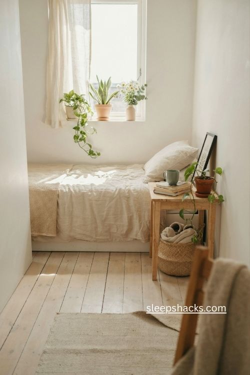 Small single bedroom ideas with greenery plants and cozy natural decor