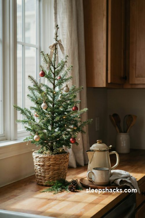 Small tabletop Christmas tree on a kitchen counter beside a coffee maker and sunny window