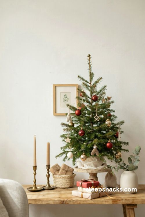 Small tabletop Christmas tree with miniature ornaments on a rustic wooden cake stand
