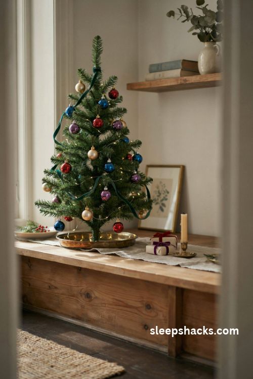 Small tabletop jewel tone christmas tree with miniature emerald sapphire and ruby ornaments