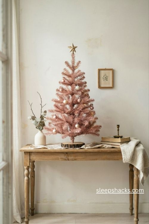 Small tabletop light pink christmas tree with tiny blush ornaments warm fairy lights and a rustic wooden base