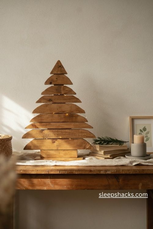 Small tabletop pallet Christmas tree with natural wood finish and warm fairy lights on a console