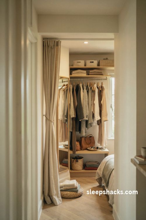 Small walk in closet ideas with double hanging rails open shelves matching wooden hangers and a cozy bedroom dressing nook