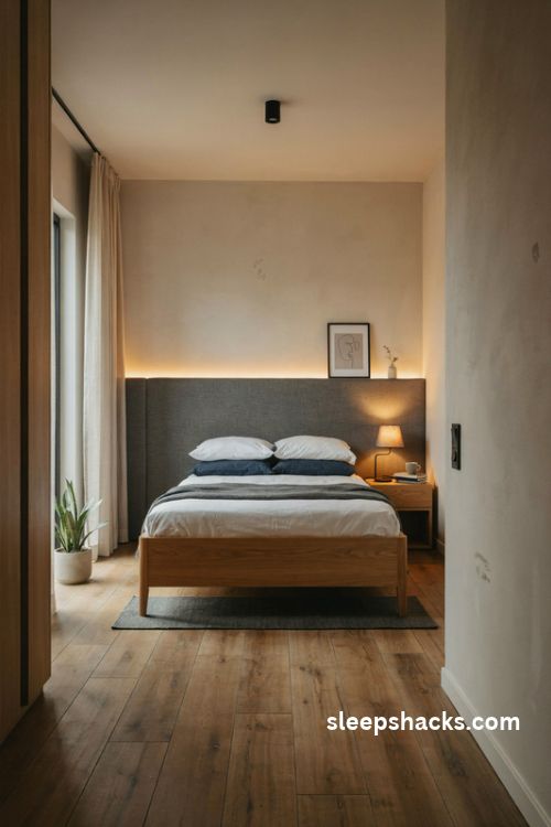 Smart bedroom lighting with dimmer switch and warm led glow behind the headboard