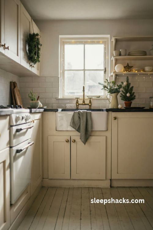 Smart small kitchen Christmas decor with cozy greenery and warm twinkle lights