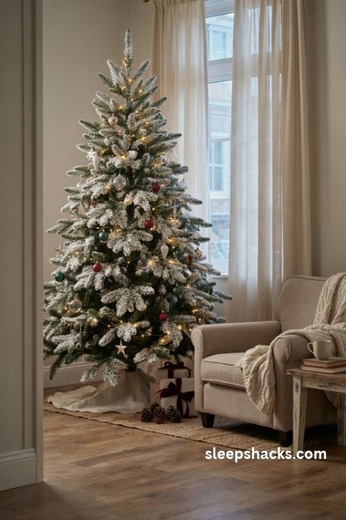 Snow flocked christmas tree with clear glass ornaments and warm white lights