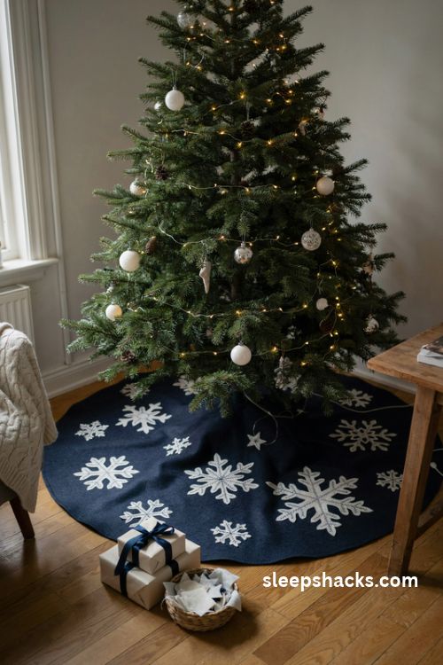 Snowflake appliqué christmas tree skirt pattern in navy blue and white