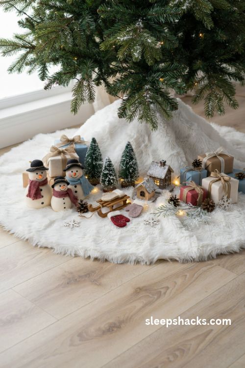 Snowman Christmas tree base with white faux fur skirt miniature winter village and wrapped gifts