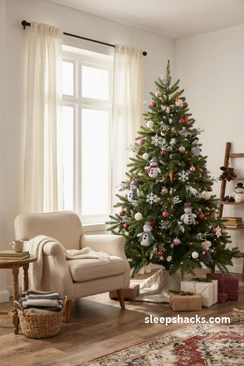 Snowman Christmas tree with cute winter ornaments and cozy farmhouse holiday decor