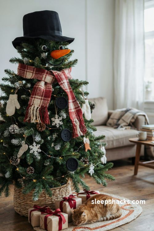 Snowman Christmas tree with red plaid scarf black buttons and classic top hat