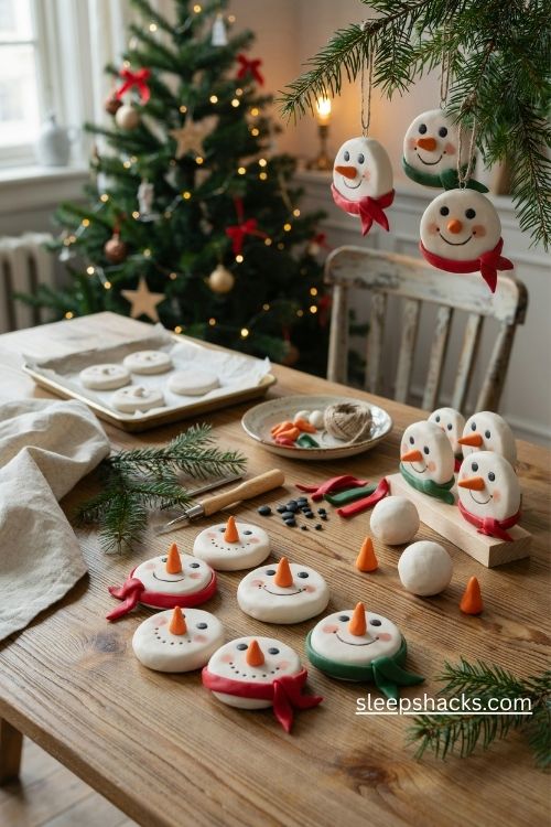 Snowman face polymer clay christmas ornaments with tiny carrot noses and colorful scarves