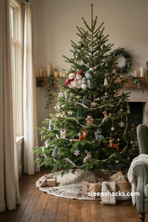 Snowman family Christmas tree with parent child and baby snowman ornaments