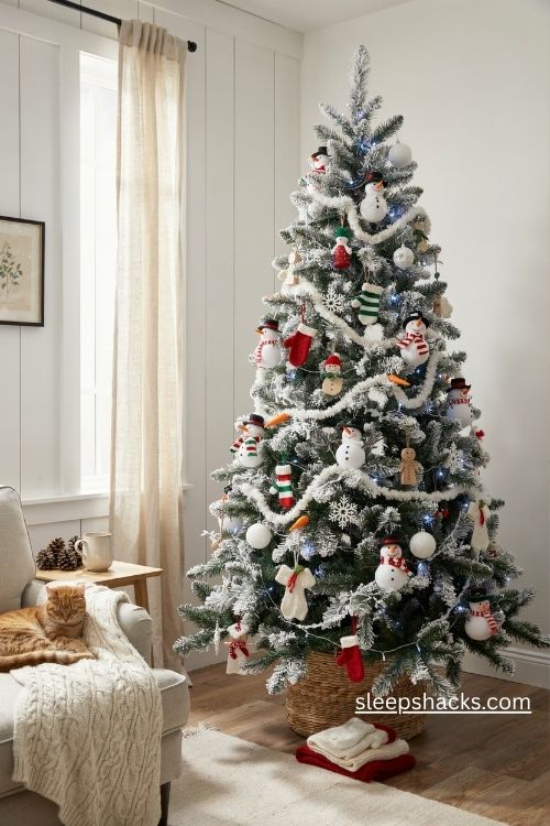 Snowman family christmas tree with knitted scarves carrot noses and frosted branches