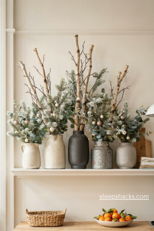 Snowy birch pine and frosted eucalyptus branches in tall vintage vases above kitchen cabinets