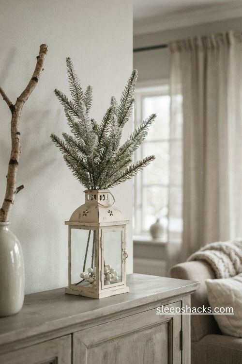 Snowy flocked branch Christmas lantern with white berries and vintage farmhouse charm