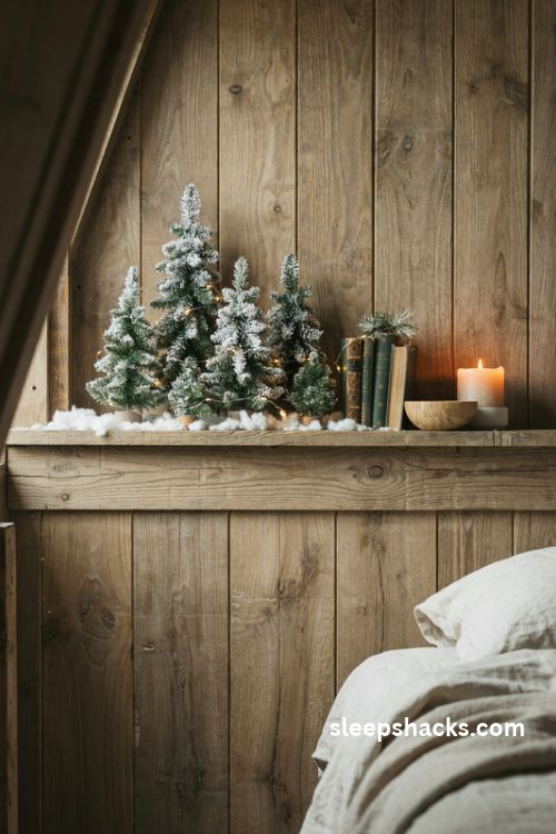 Snowy mini Christmas trees on rustic cabin bedroom shelves with warm fairy lights and cozy woodland decor