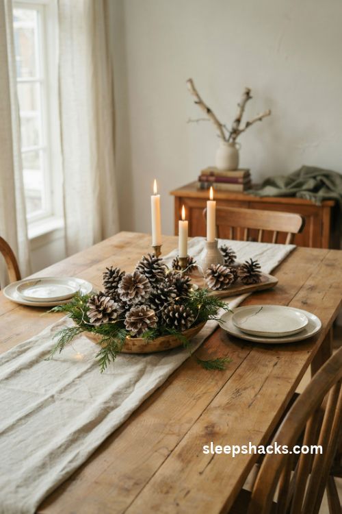 Snowy pinecone christmas centerpiece with evergreen sprigs and warm candlelight