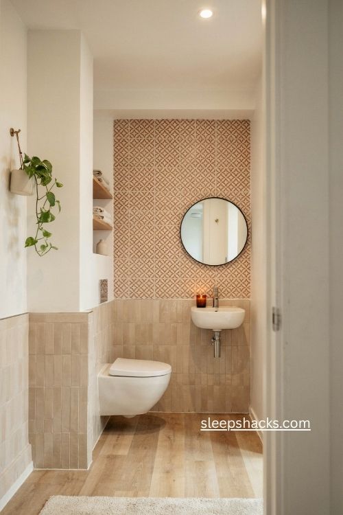 Snug 2x3 Bloxburg powder room ideas with small sink and round mirror