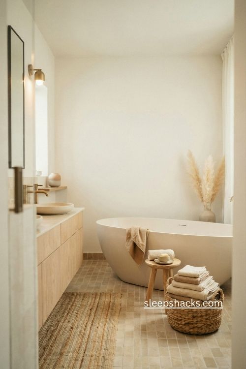Soft beige Bloxburg bathroom ideas with warm cream and pale wood