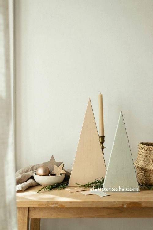 Soft beige and pale green wooden Christmas trees for a neutral home