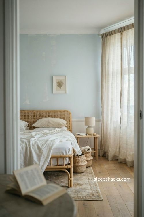 Soft blue bedroom colour ideas with rattan bed and relaxed linen bedding