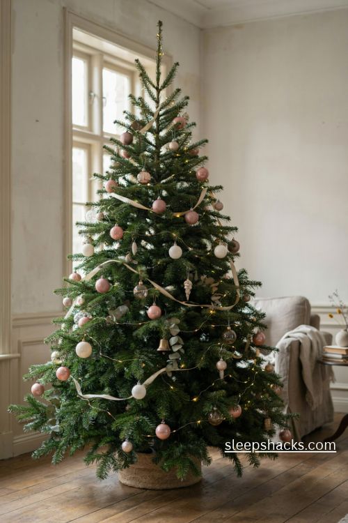 Soft blush and champagne christmas tree with balanced pink ornaments and warm white lights