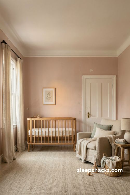 Soft blush pink walls in a baby girl nursery with white trim and natural wood furniture