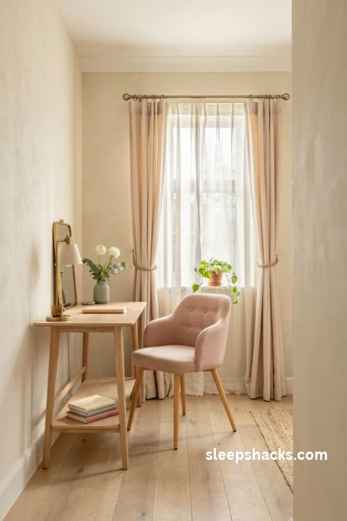 Soft curtains and window styling for a feminine home office