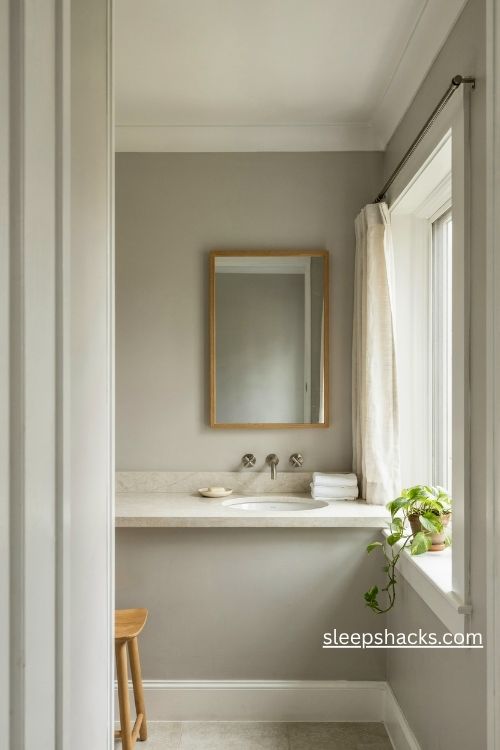 Soft dove grey bathroom walls with white trim and a pale stone vanity 