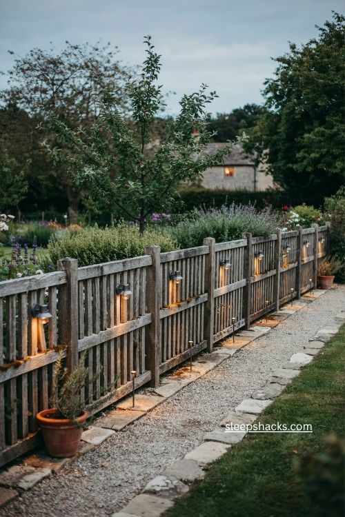 Soft fence lighting ideas with warm sconces and subtle garden spotlights