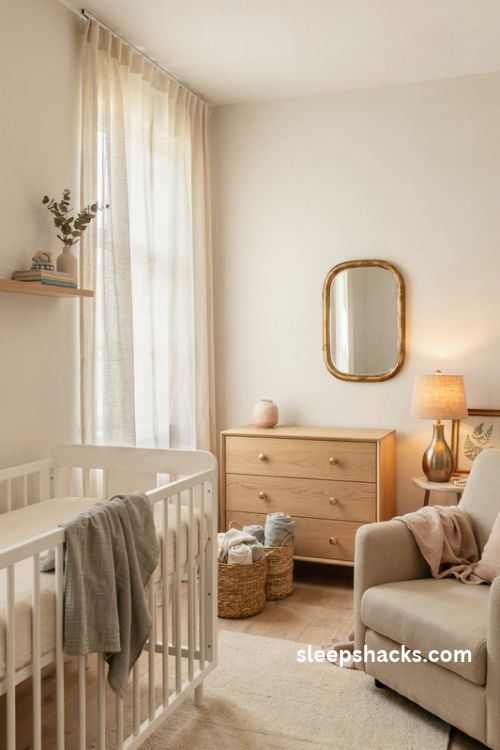 Soft gold accents in a baby girl nursery with blush pink decor and natural wood furniture