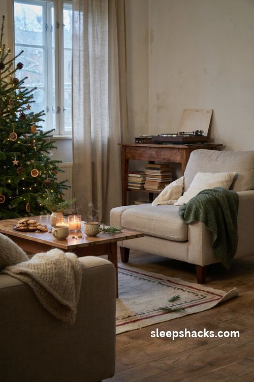 Soft holiday music and quiet christmas evenings with candlelight and cozy farmhouse decor