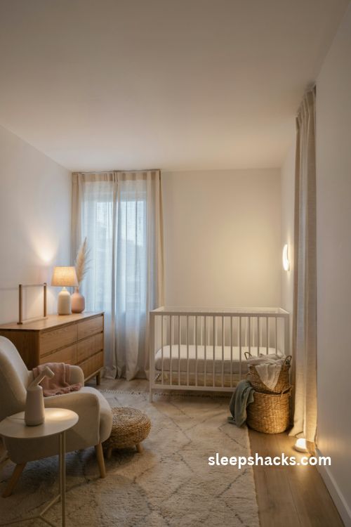 Soft layered lighting in a baby girl nursery with warm lamps a moon light and cozy blush accents