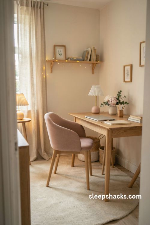 Soft layered lighting in a feminine home office with a pretty blush ceramic desk lamp, warm white table lamps, golden fairy lights, natural wood furniture, and cozy neutral decor
