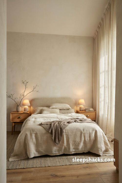 Soft layered neutral bedroom with cream oatmeal and taupe decor