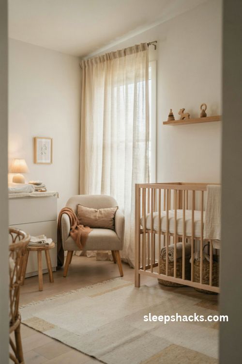 Soft neutral nursery color palette with warm white oatmeal beige and natural wood accents