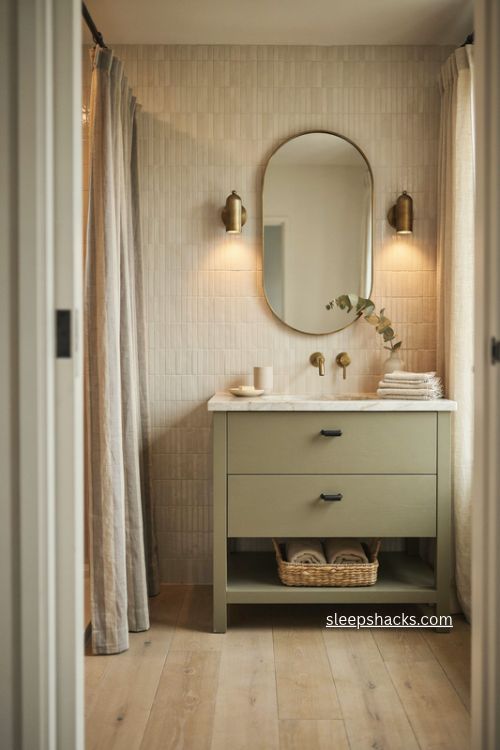 Soft olive green bathroom with marble vanity warm brass and creamy tile