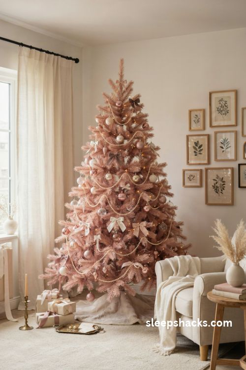 Soft pastel barbie christmas tree with blush pink ornaments pearl garlands and satin bows