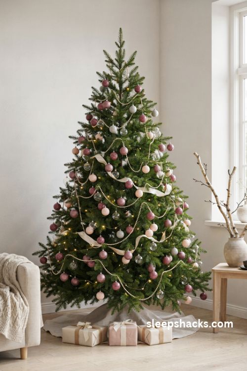Soft pastel christmas tree with blush pink mint lavender and ivory ornaments