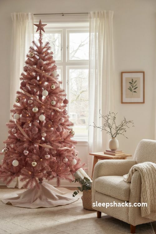 Soft pastel pink christmas tree with blush ivory and champagne ornaments in a cozy neutral living room