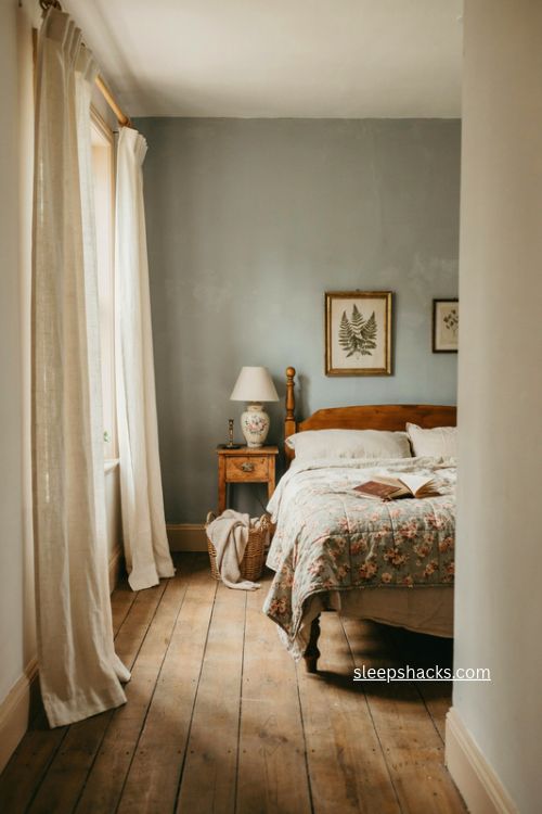 Soft pastel vintage bedroom with sage green wall warm neutrals and antique details
