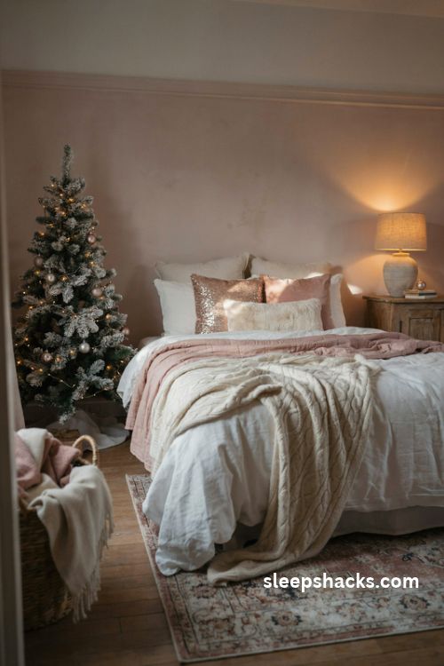 Soft rose sequin pillows layered with ivory linen bedding and blush christmas accents in a cozy bedroom