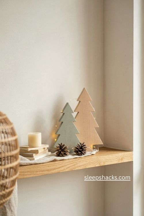 Soft sage green and warm beige wood christmas trees for neutral holiday decor 