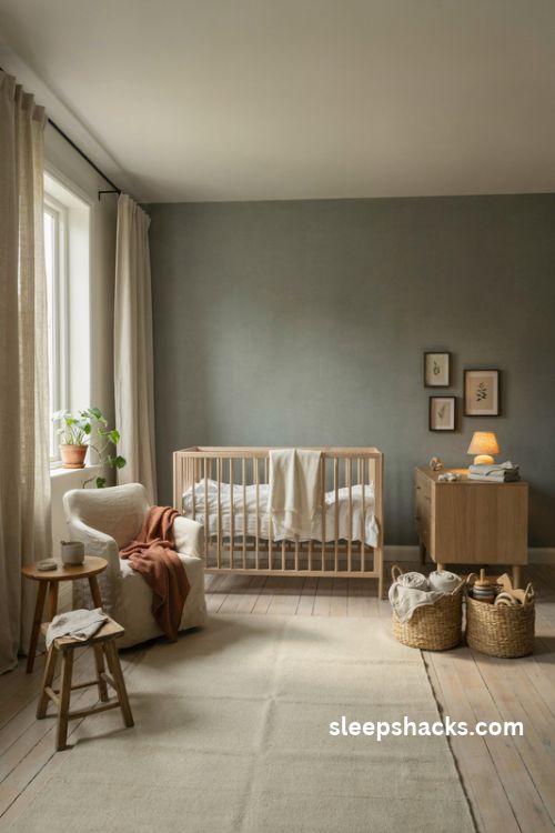 Soft sage green nursery walls with white bedding and light oak furniture